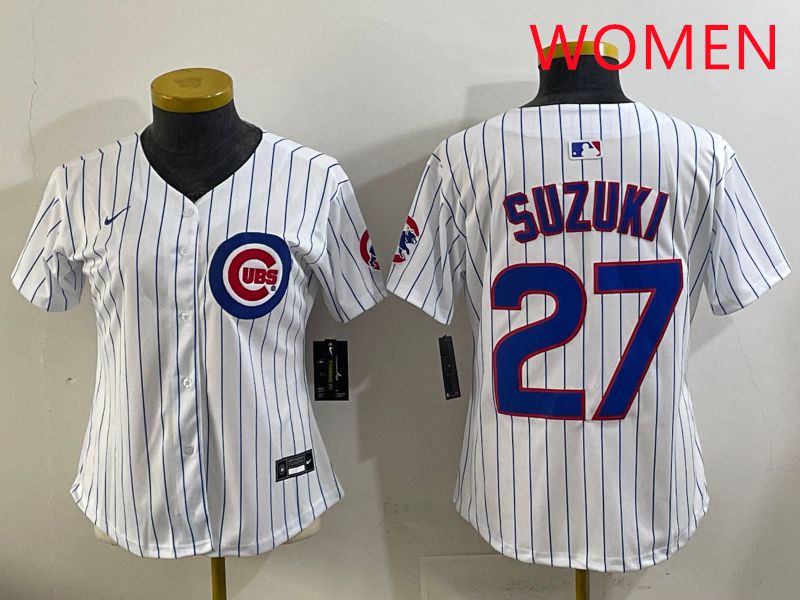 Women 2025 Chicago Cubs #27 Suzuki White Stripe Game Nike MLB Jersey style 1